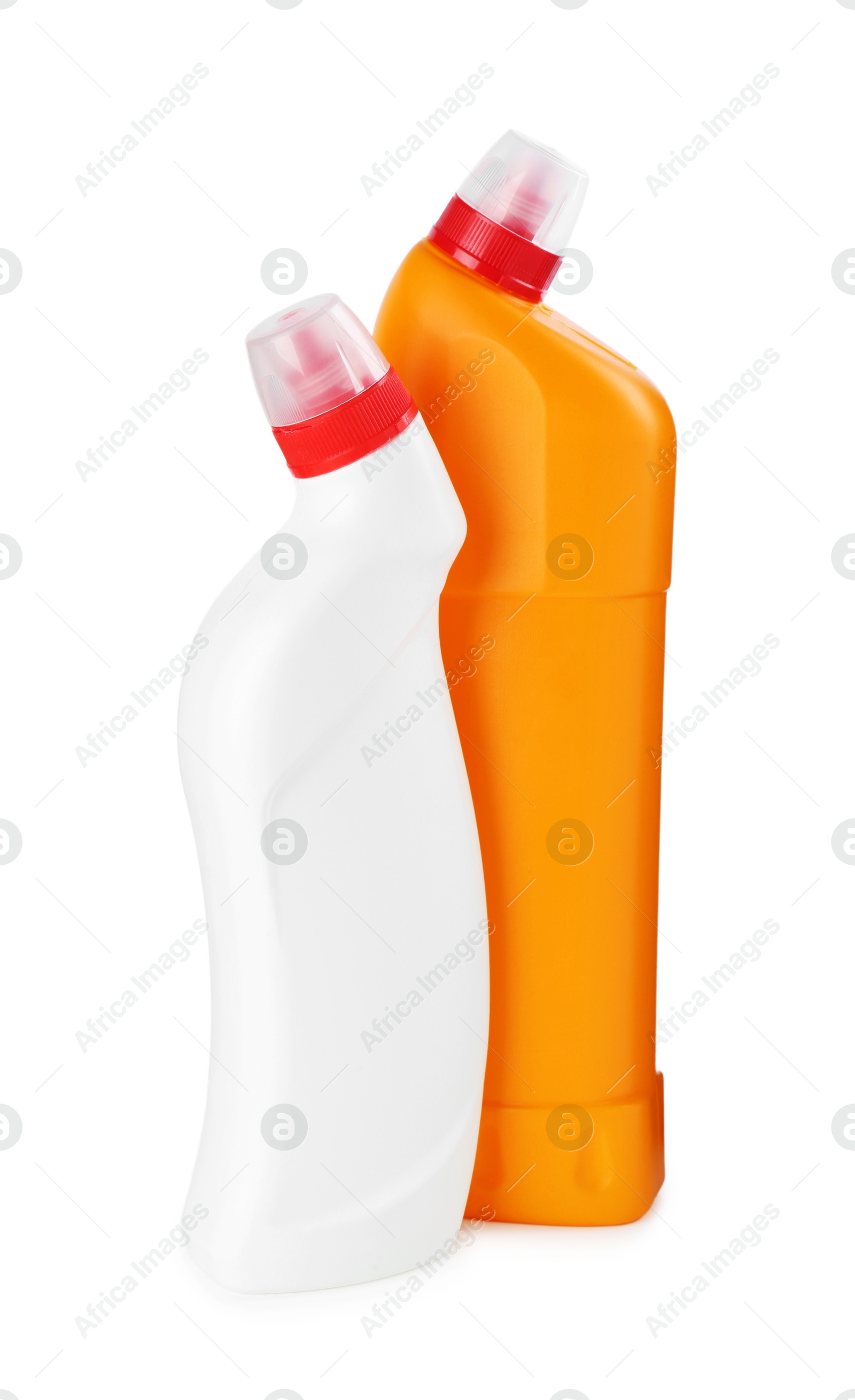 Photo of Two toilet cleaners in bottles isolated on white