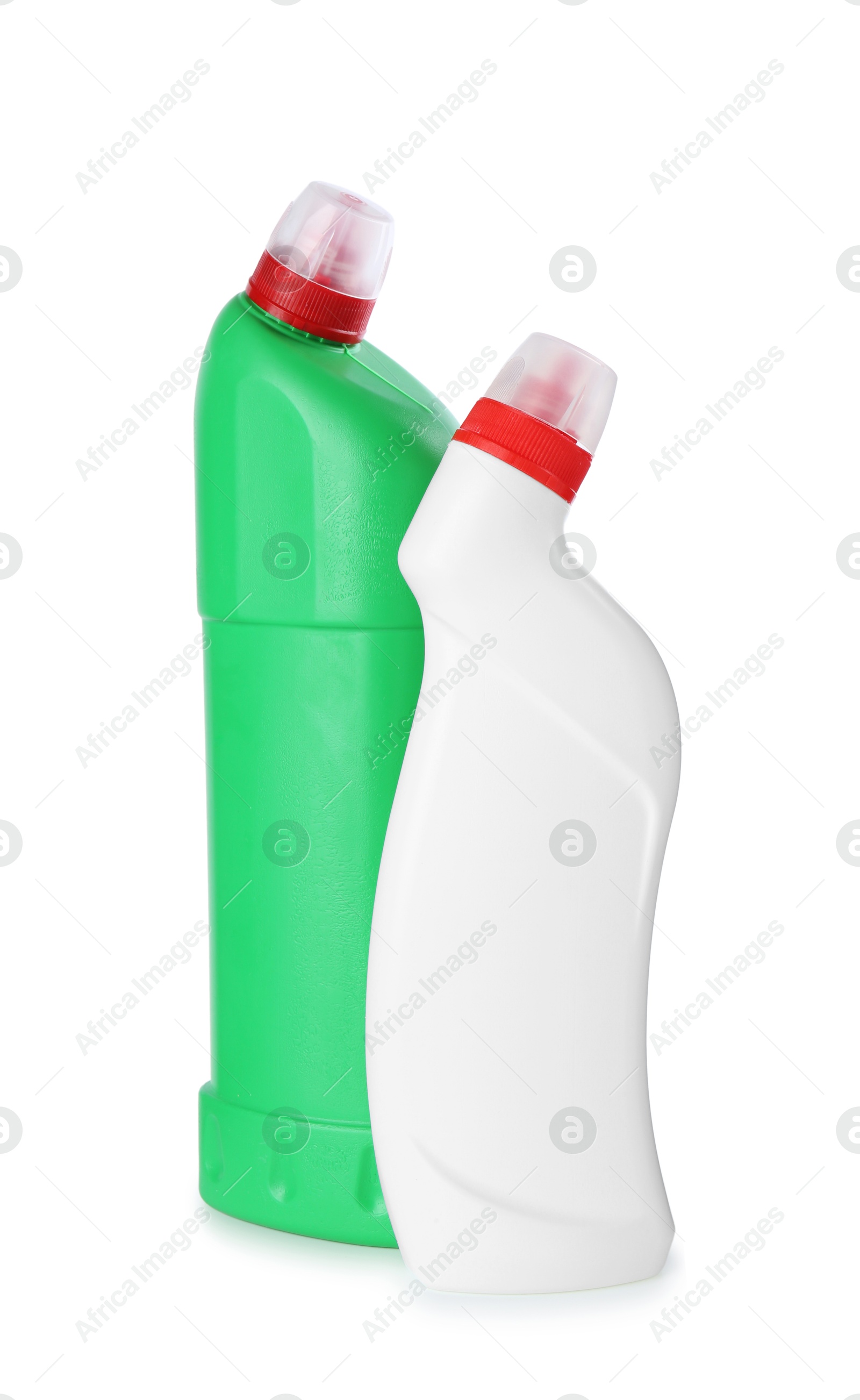 Photo of Two toilet cleaners in bottles isolated on white