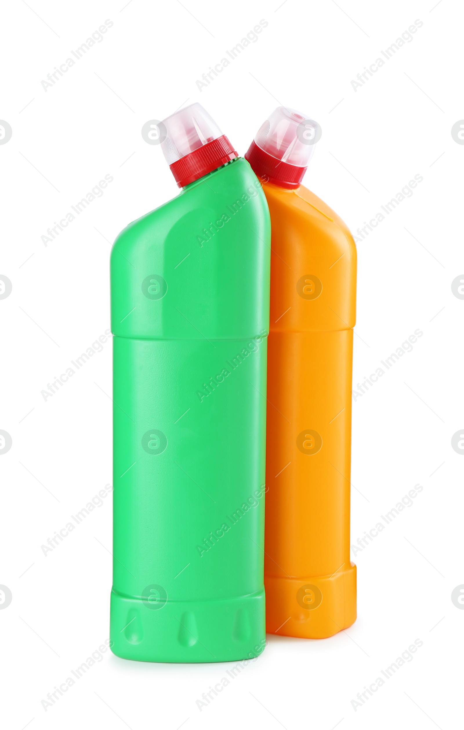 Photo of Two toilet cleaners in bottles isolated on white