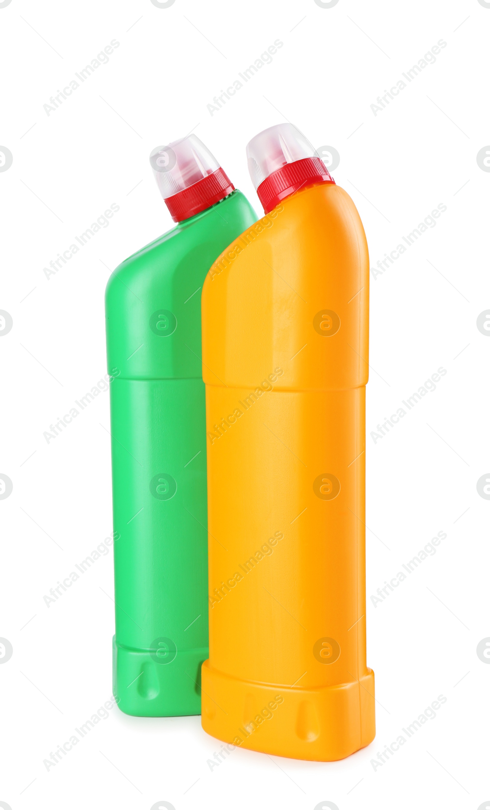 Photo of Two toilet cleaners in bottles isolated on white