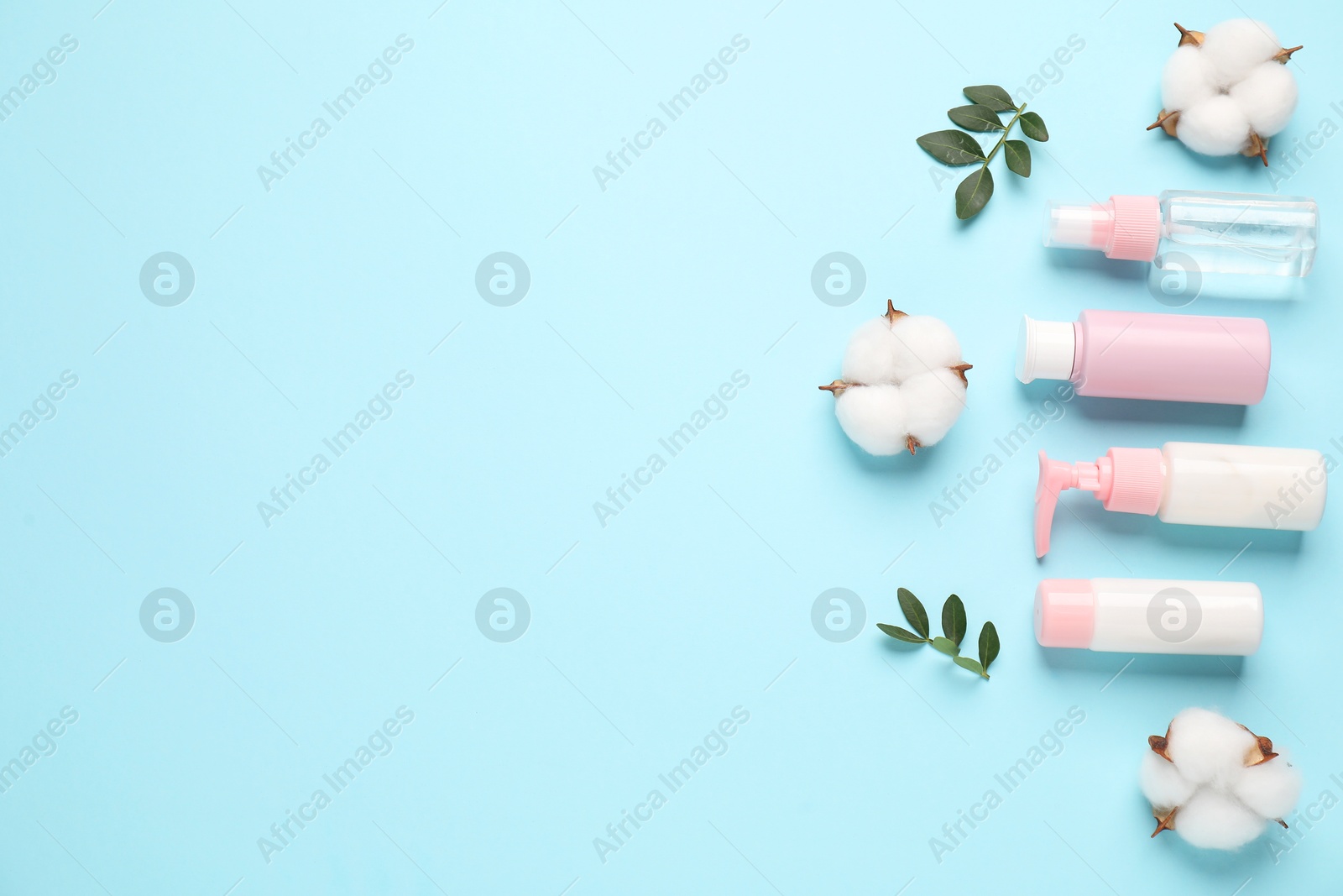 Photo of Different cosmetic products, leaves and cotton flowers on light blue background, flat lay. Space for text