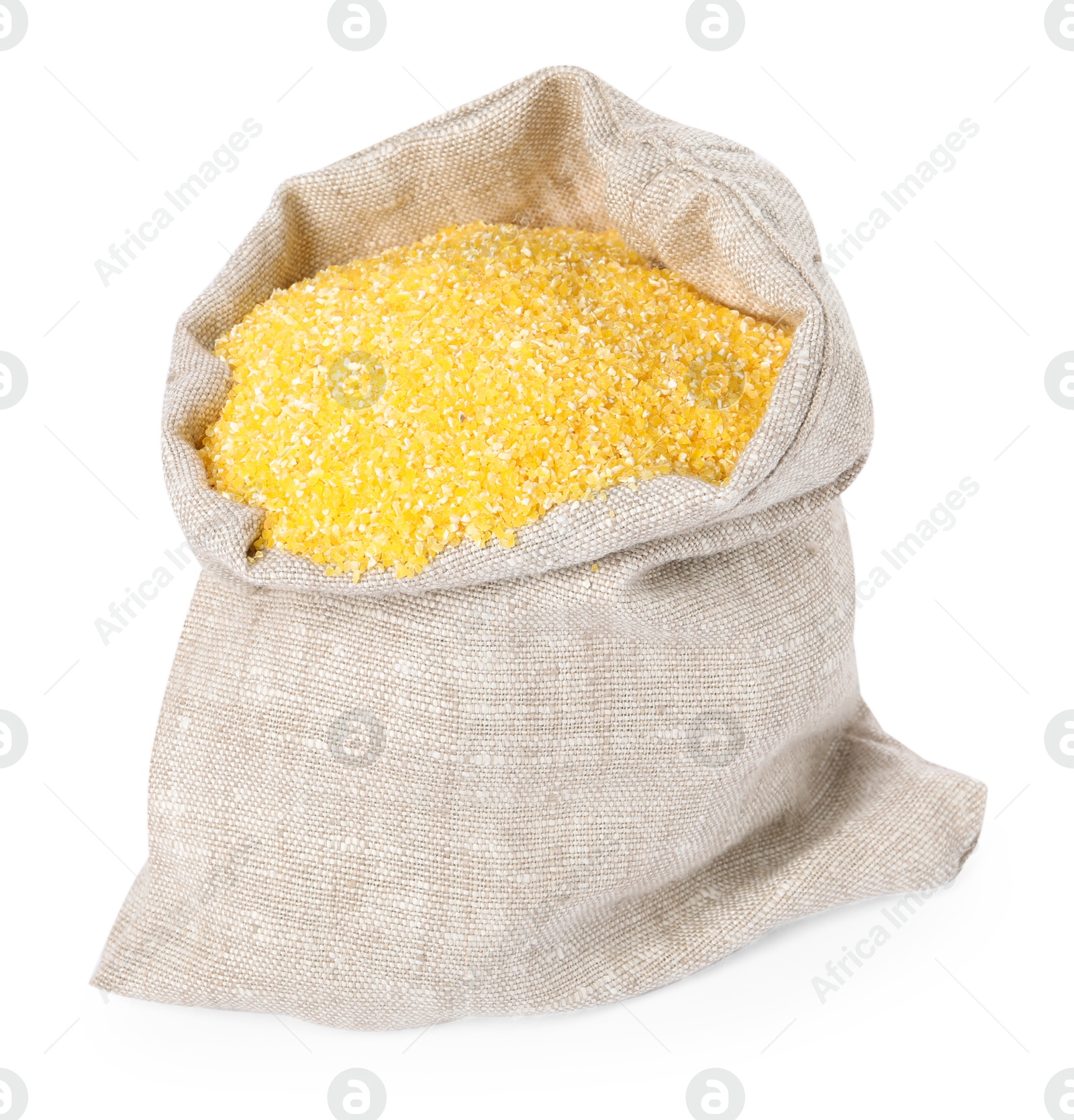 Photo of Raw cornmeal in burlap isolated on white