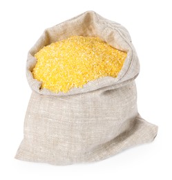 Raw cornmeal in burlap isolated on white