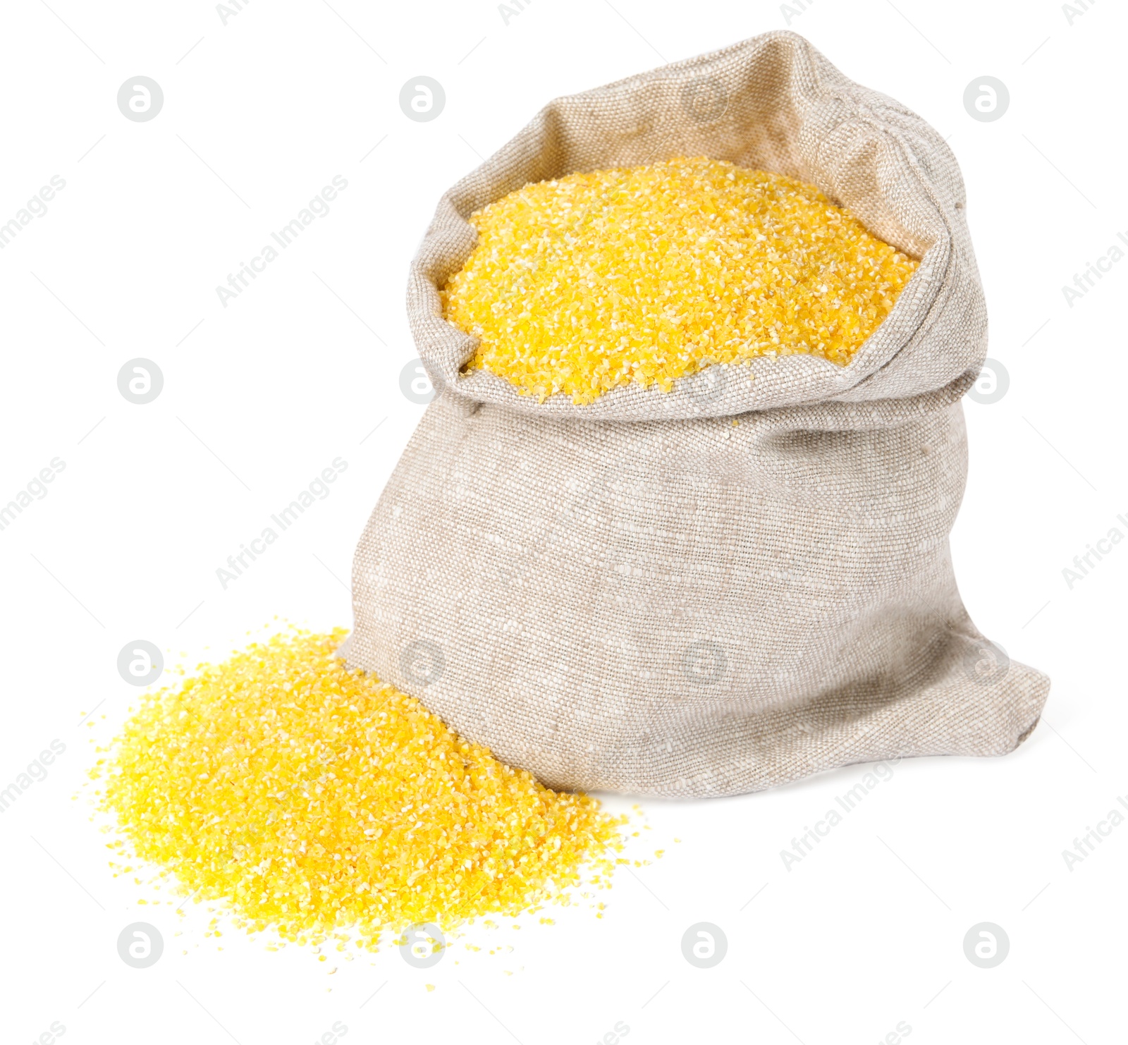 Photo of Raw cornmeal in burlap isolated on white