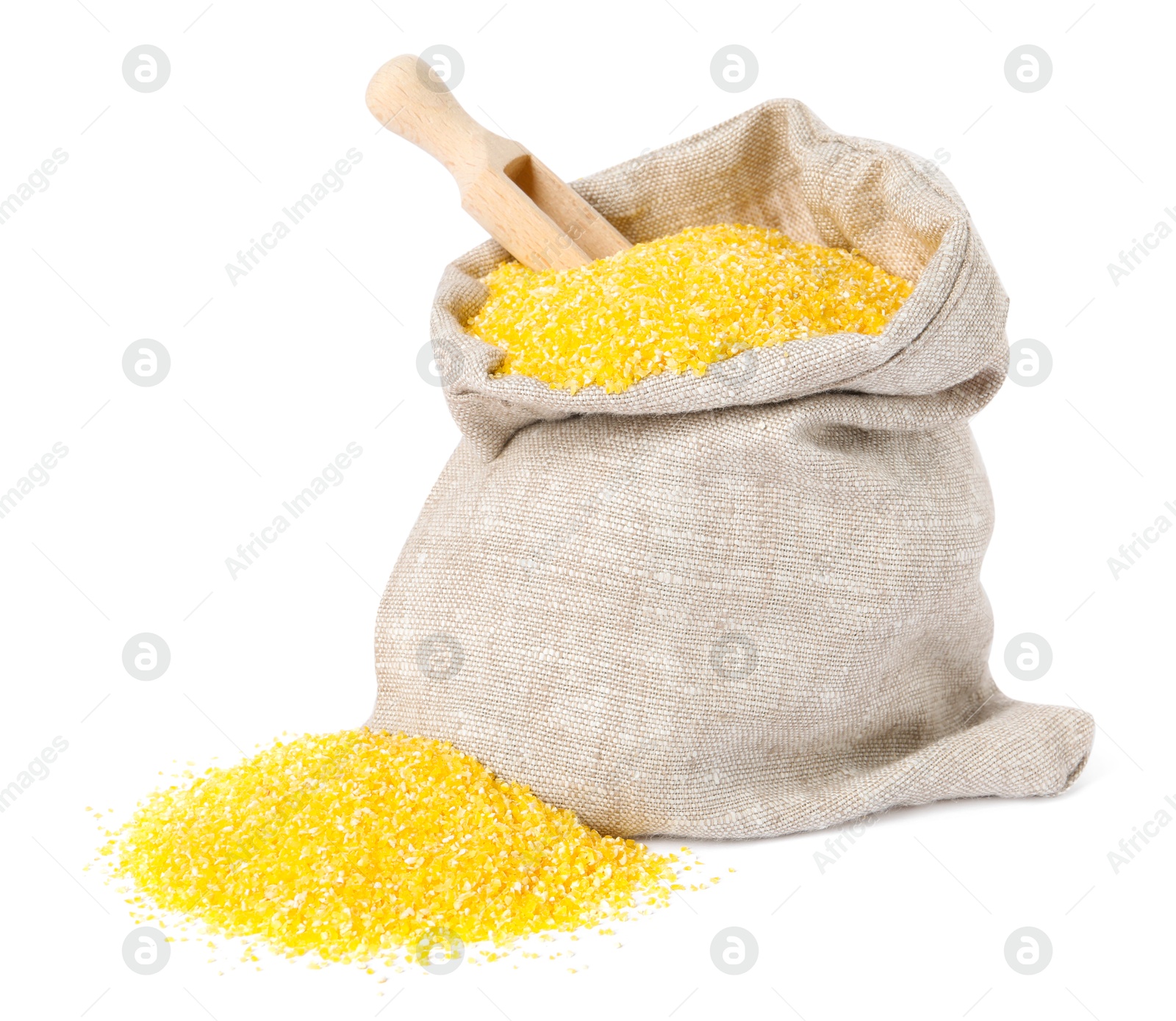 Photo of Raw cornmeal in burlap with scoop isolated on white