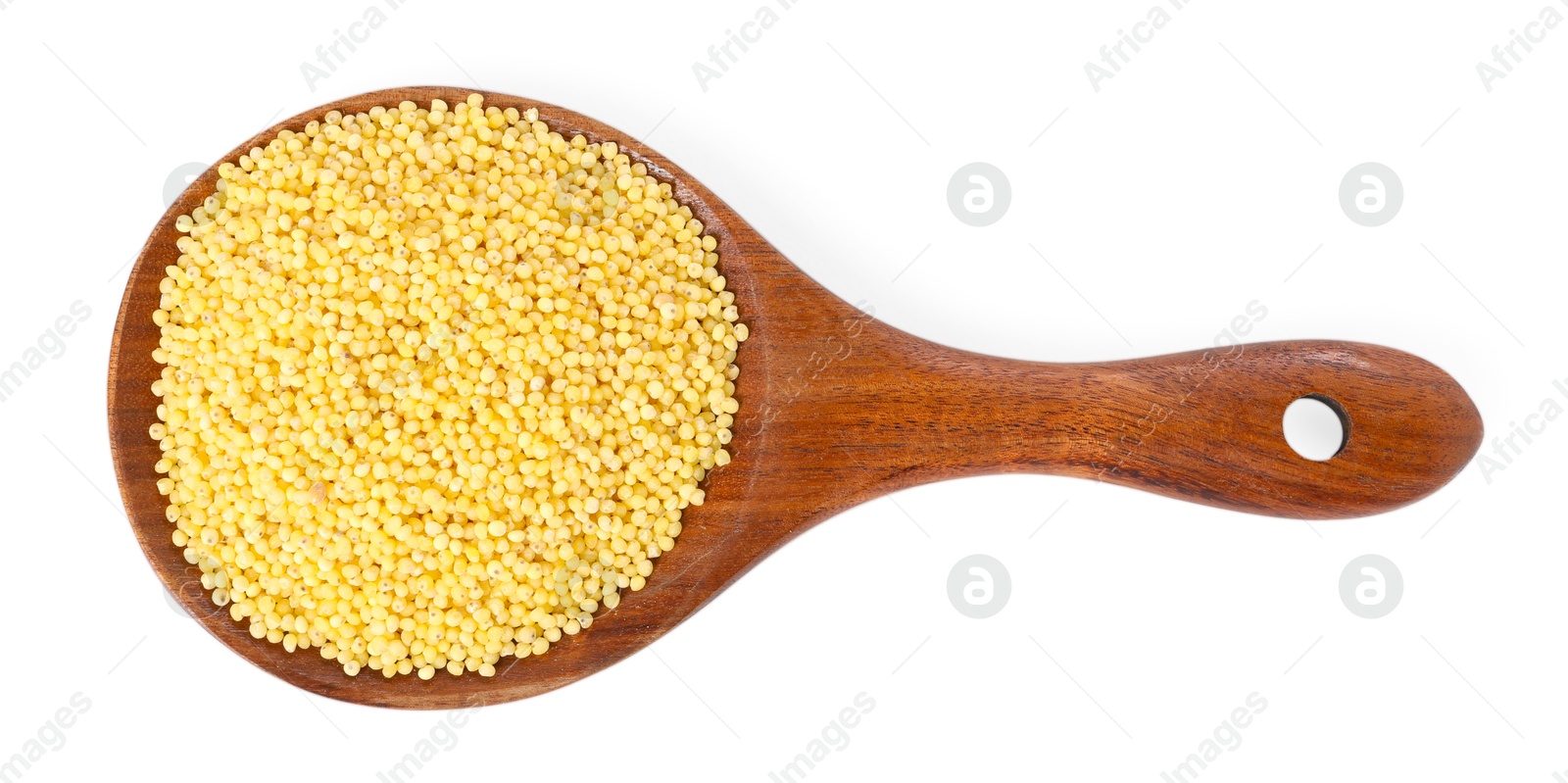 Photo of Millet groats in wooden spoon isolated on white, top view