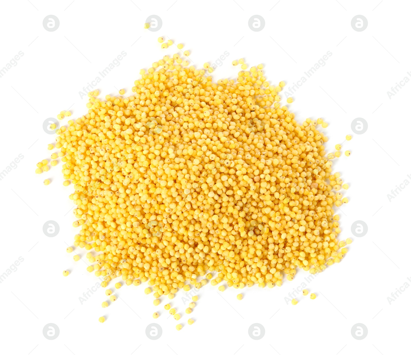 Photo of Pile of raw millet groats isolated on white, top view