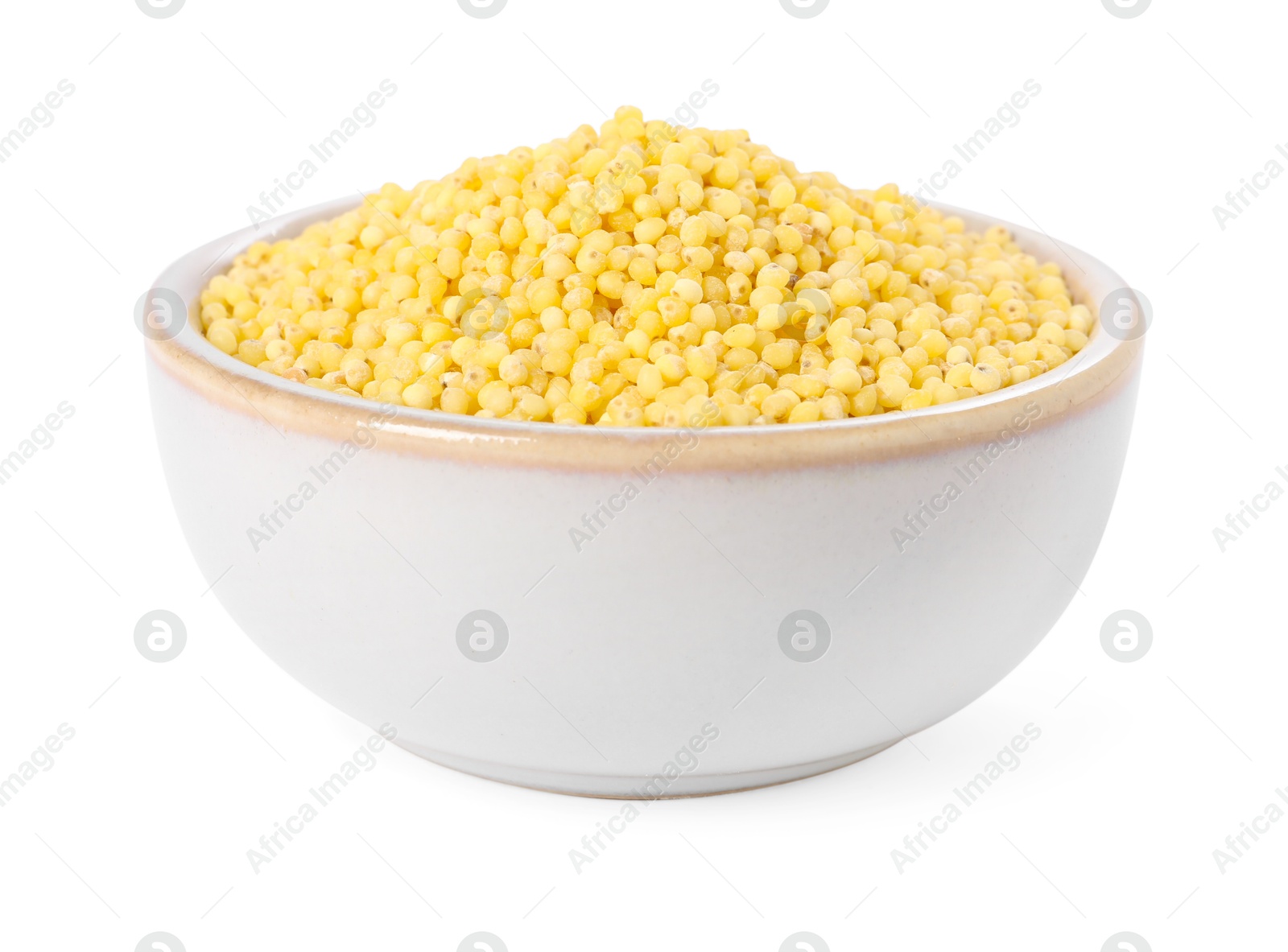 Photo of Millet groats in bowl isolated on white