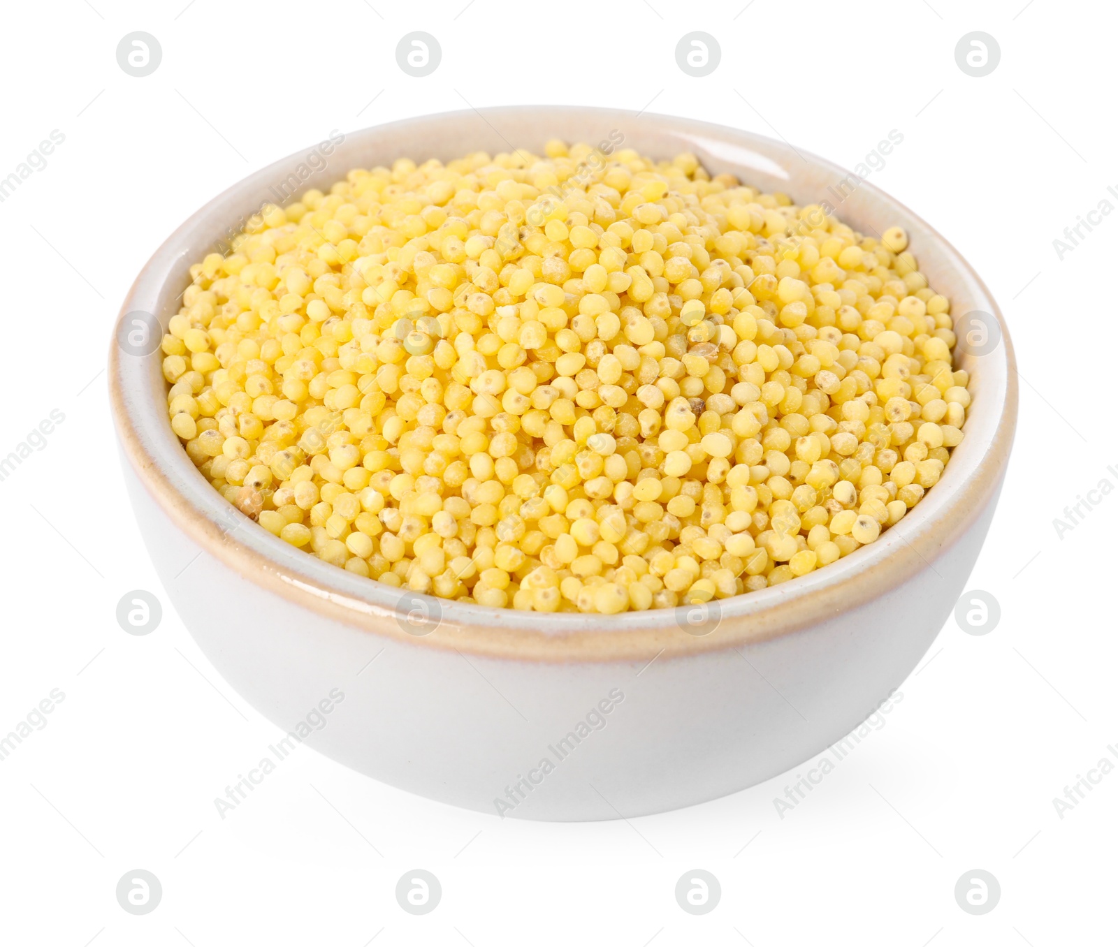 Photo of Millet groats in bowl isolated on white