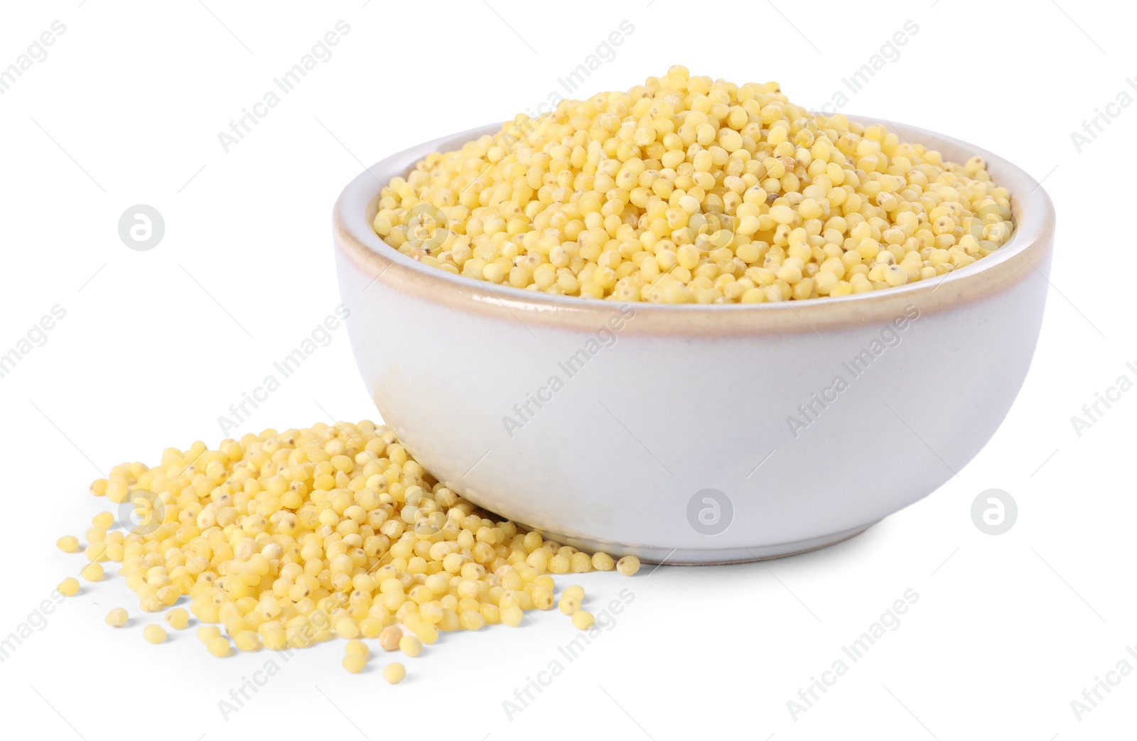 Photo of Millet groats in bowl isolated on white