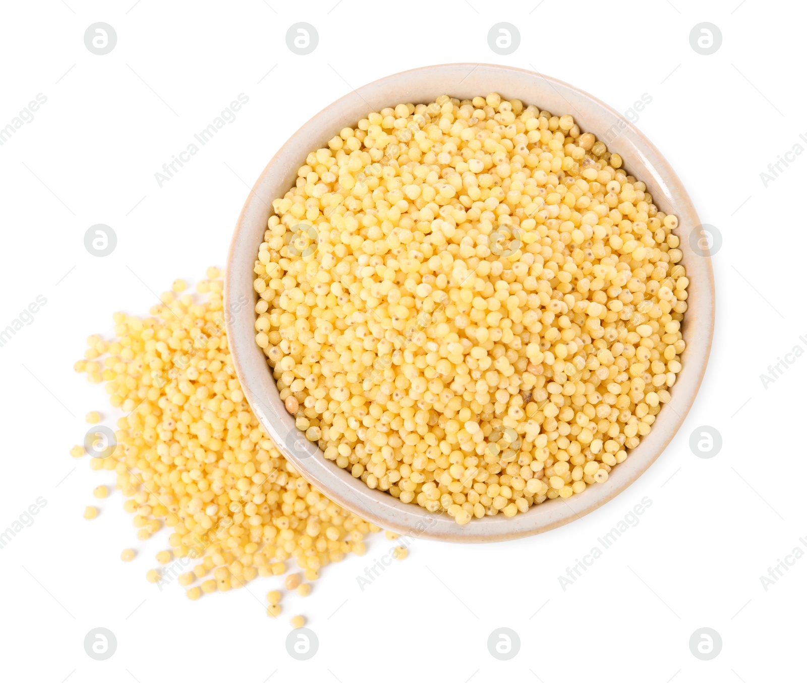 Photo of Millet groats in bowl isolated on white, top view