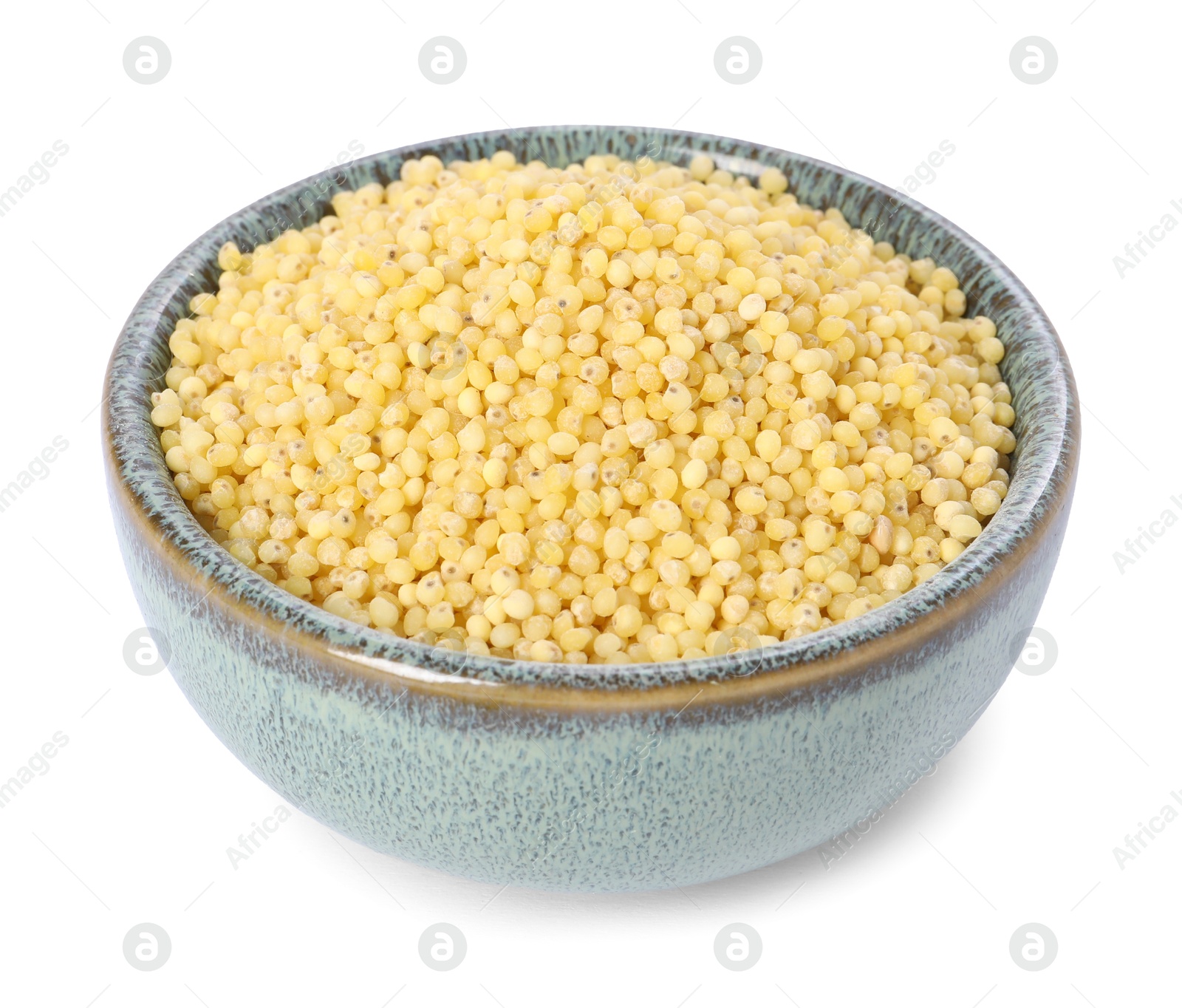 Photo of Millet groats in bowl isolated on white