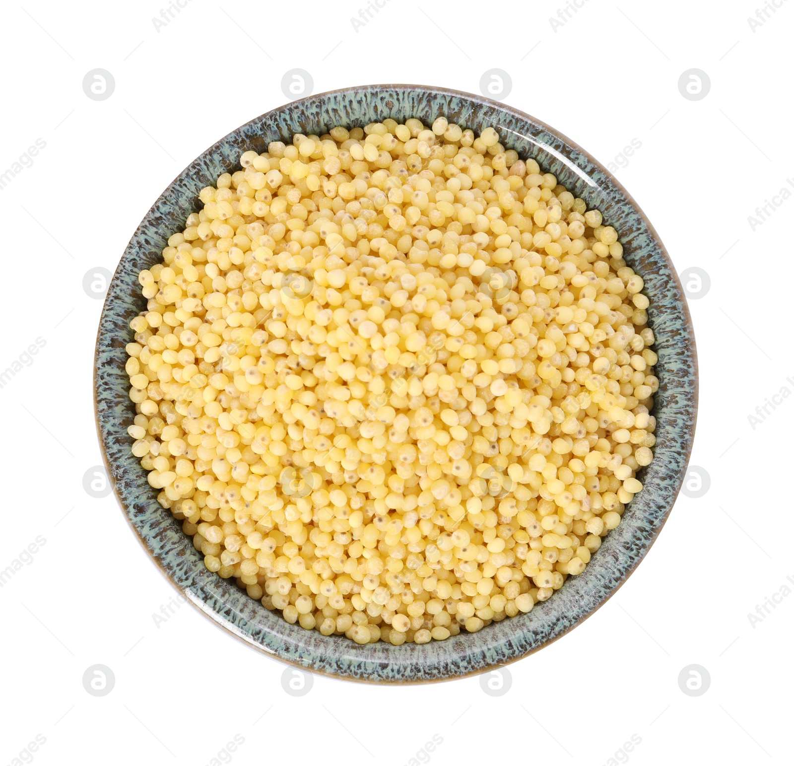 Photo of Millet groats in bowl isolated on white, top view