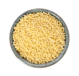 Photo of Millet groats in bowl isolated on white, top view