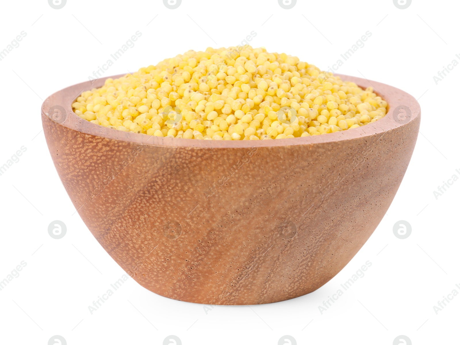 Photo of Millet groats in bowl isolated on white