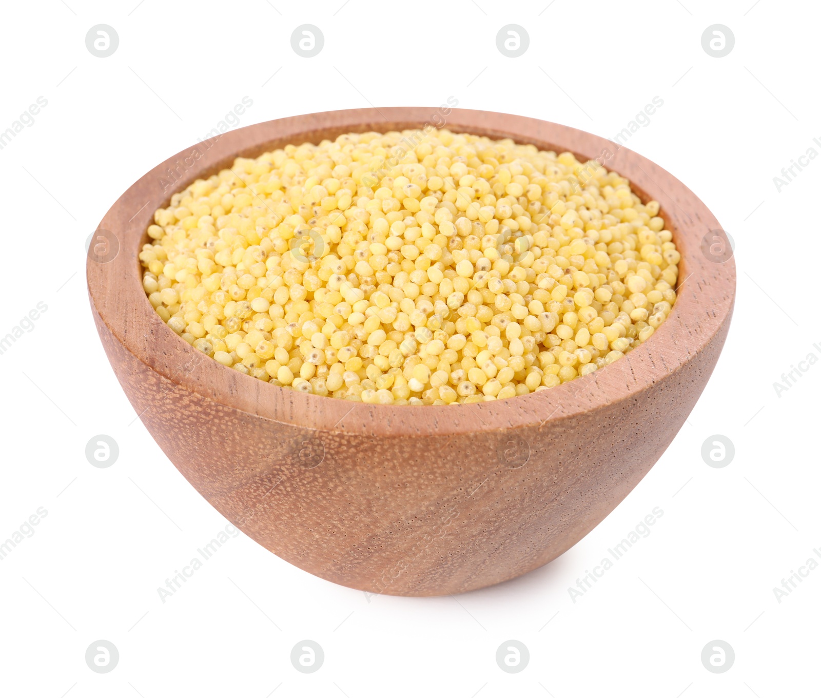 Photo of Millet groats in bowl isolated on white