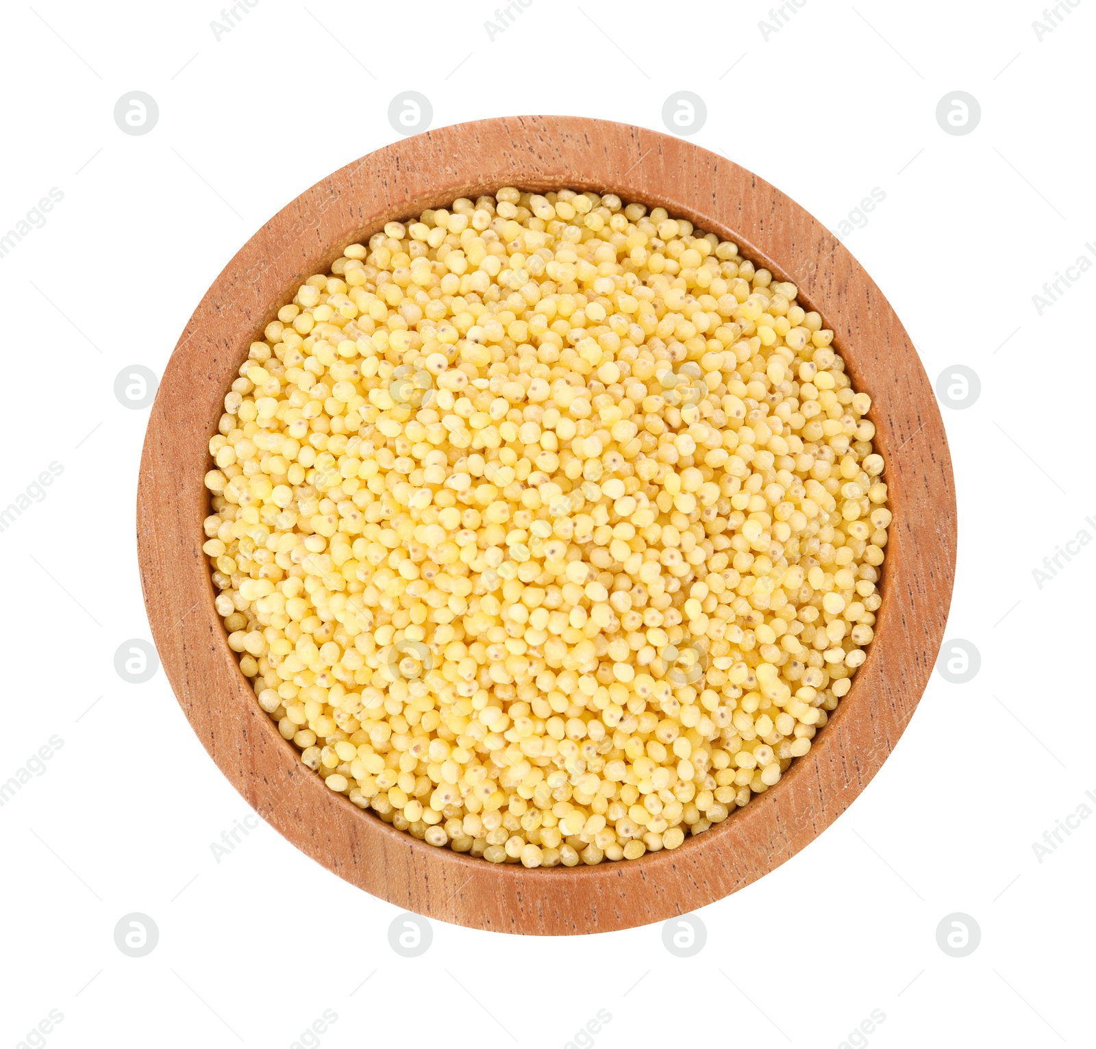 Photo of Millet groats in bowl isolated on white, top view