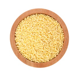 Photo of Millet groats in bowl isolated on white, top view