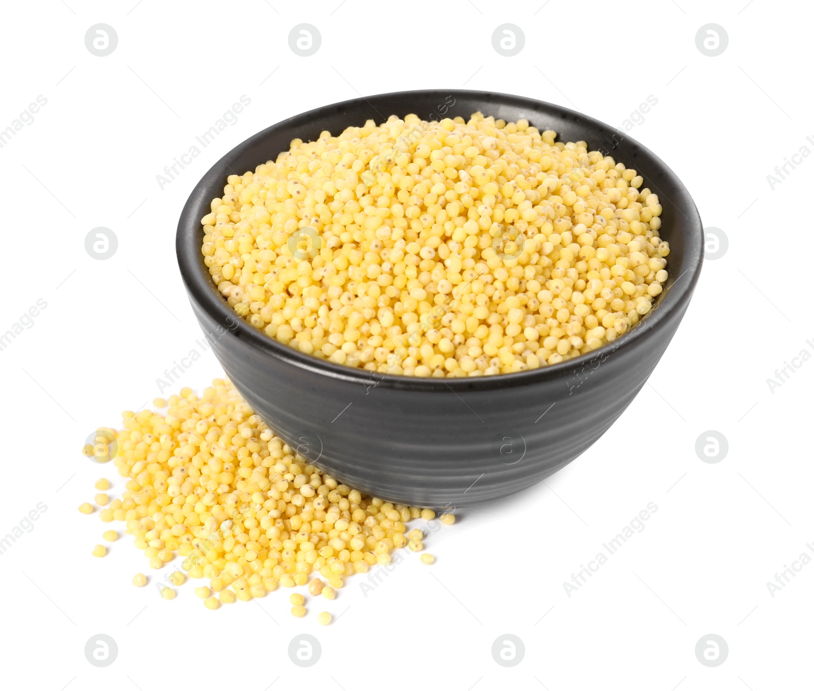 Photo of Millet groats in bowl isolated on white