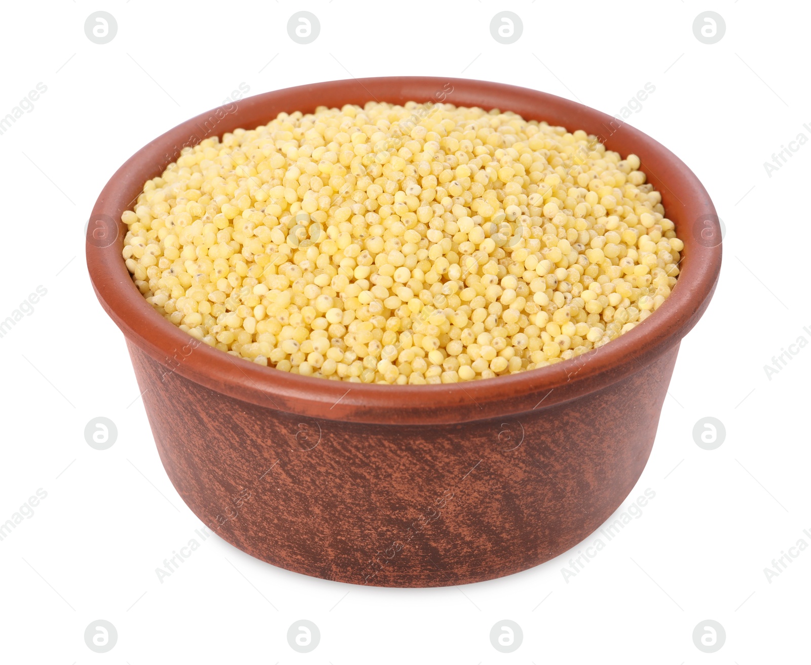 Photo of Millet groats in bowl isolated on white