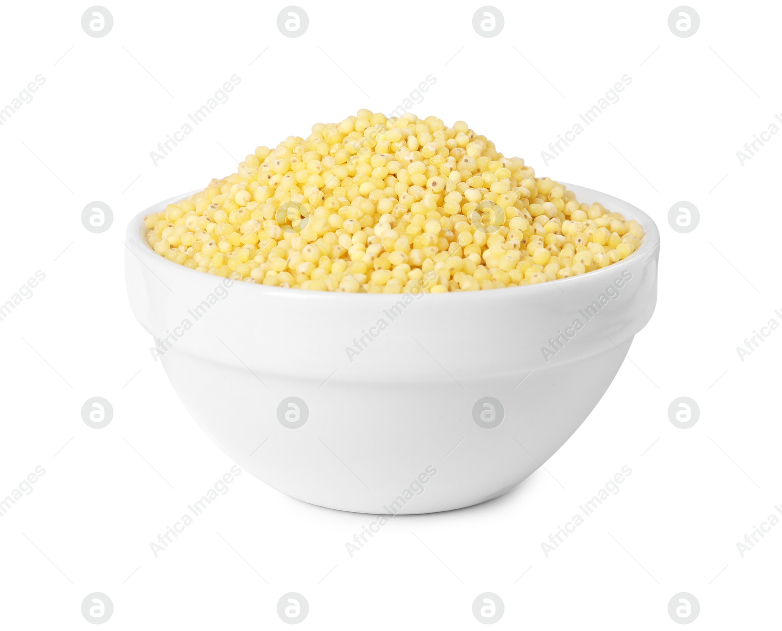 Photo of Millet groats in bowl isolated on white