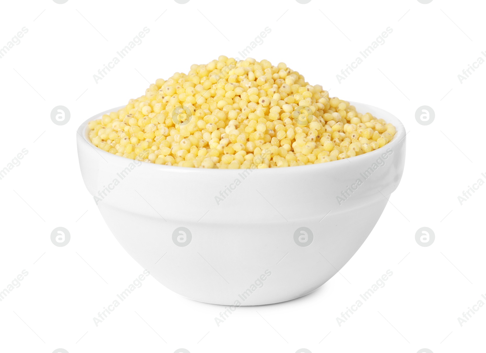 Photo of Millet groats in bowl isolated on white