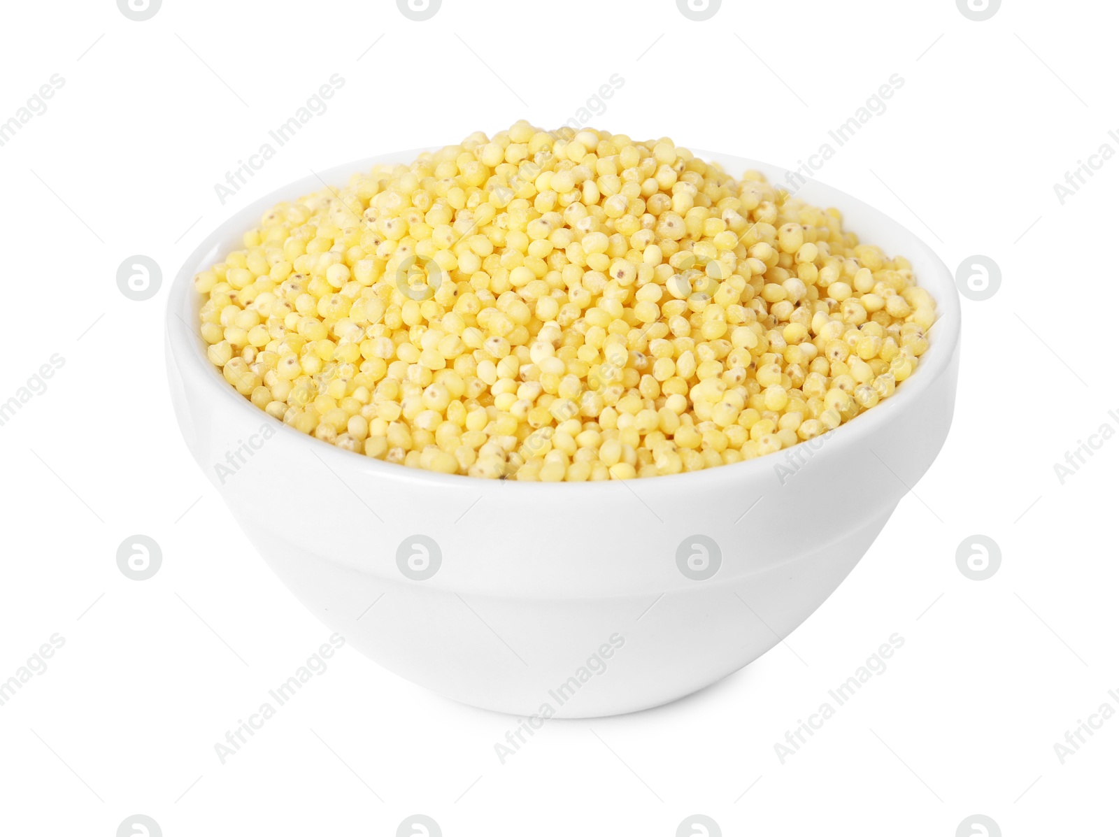 Photo of Millet groats in bowl isolated on white