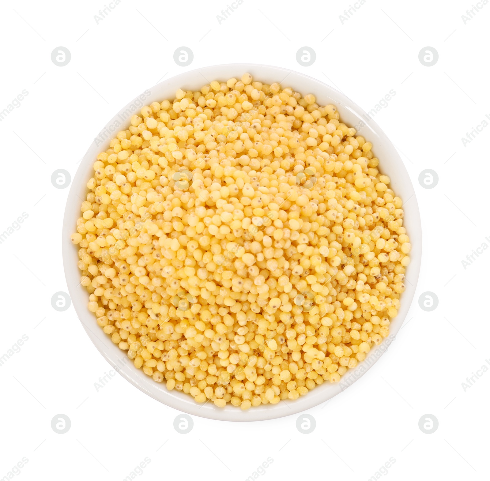 Photo of Millet groats in bowl isolated on white, top view