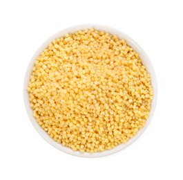 Photo of Millet groats in bowl isolated on white, top view