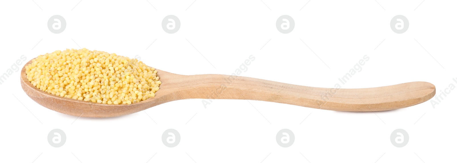 Photo of Millet groats in wooden spoon isolated on white