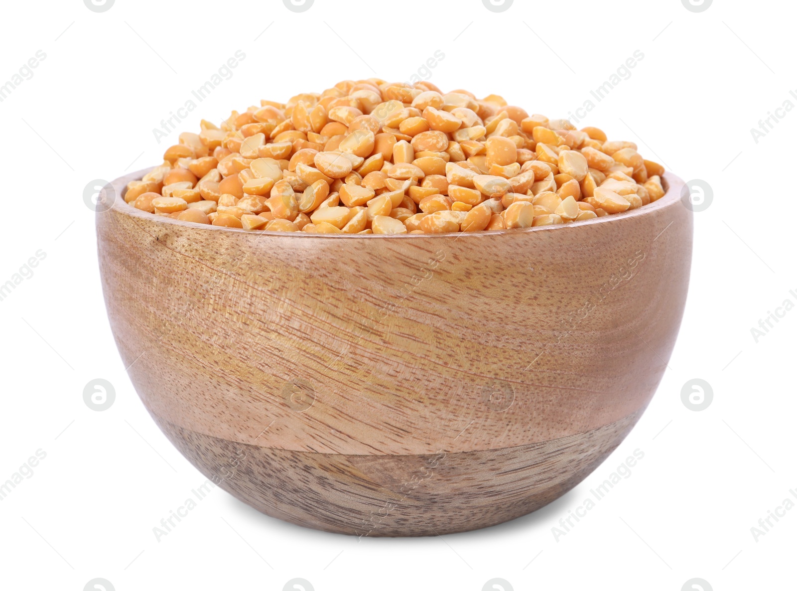 Photo of Dried peas in wooden bowl isolated on white