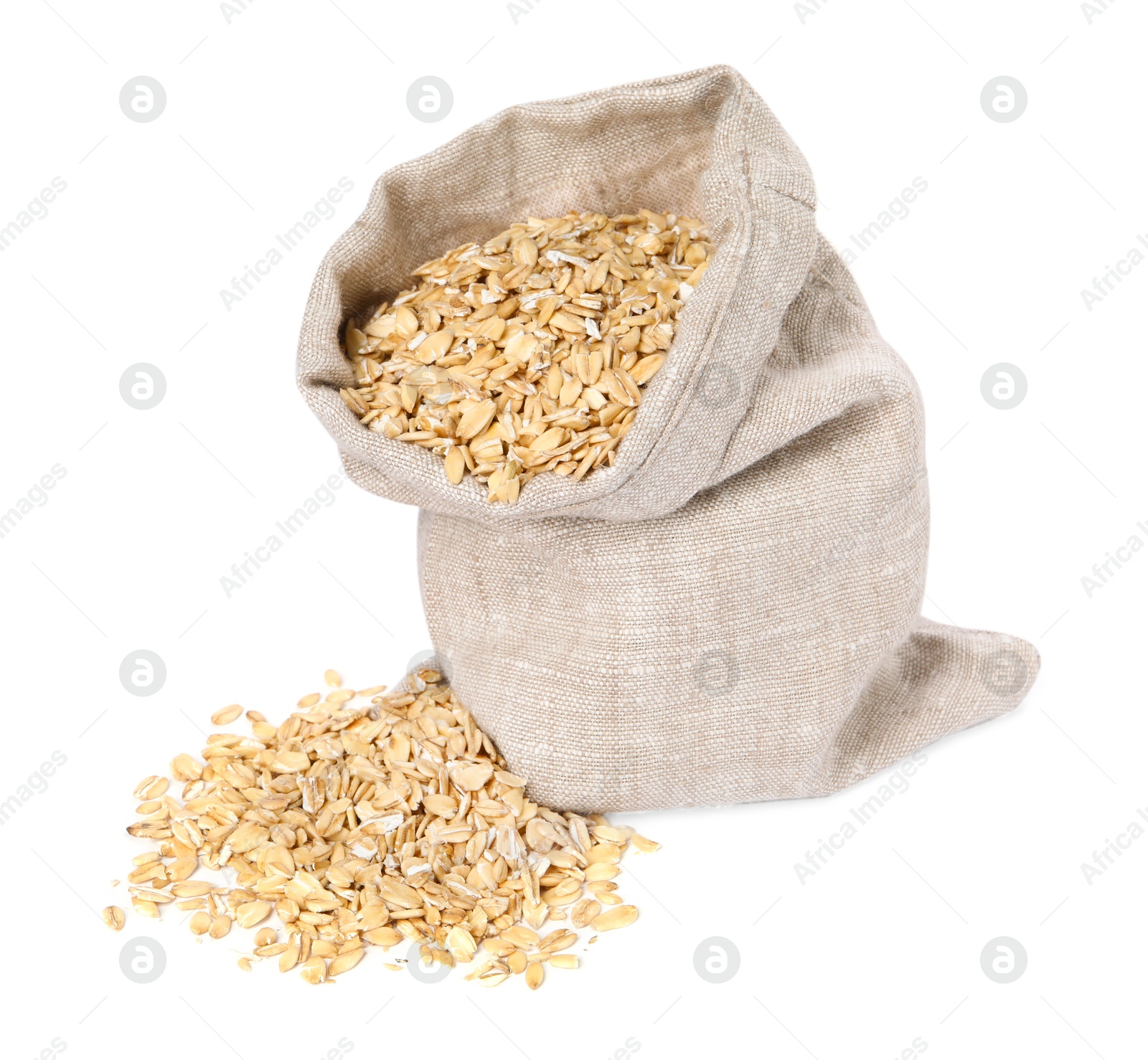 Photo of Dry oat flakes in burlap sack isolated on white