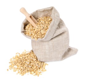 Photo of Dry oat flakes in burlap sack and wooden scoop isolated on white