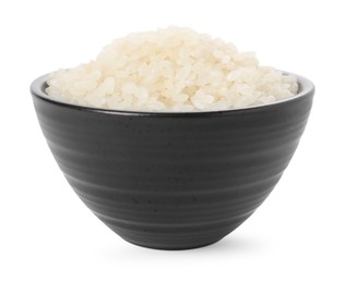 Raw rice in bowl isolated on white