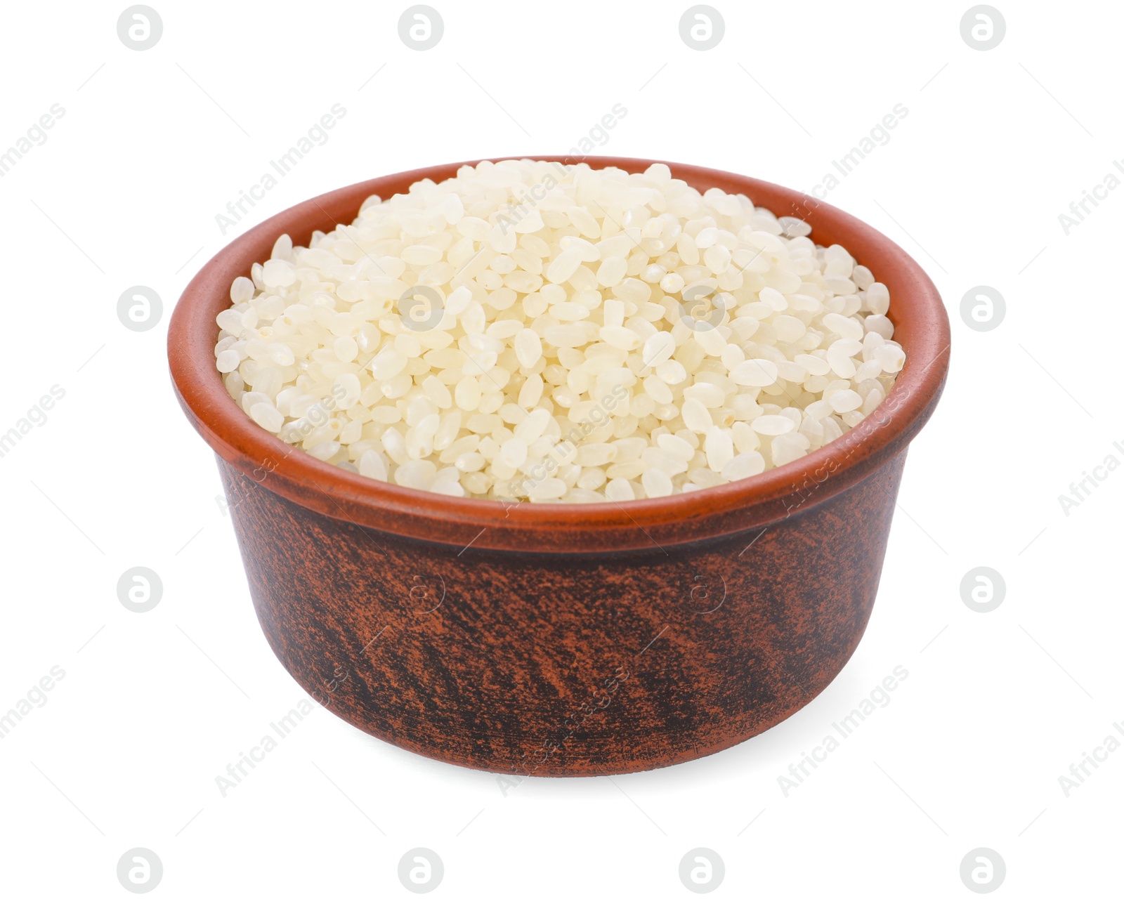 Photo of Raw rice in bowl isolated on white