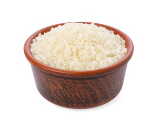 Raw rice in bowl isolated on white