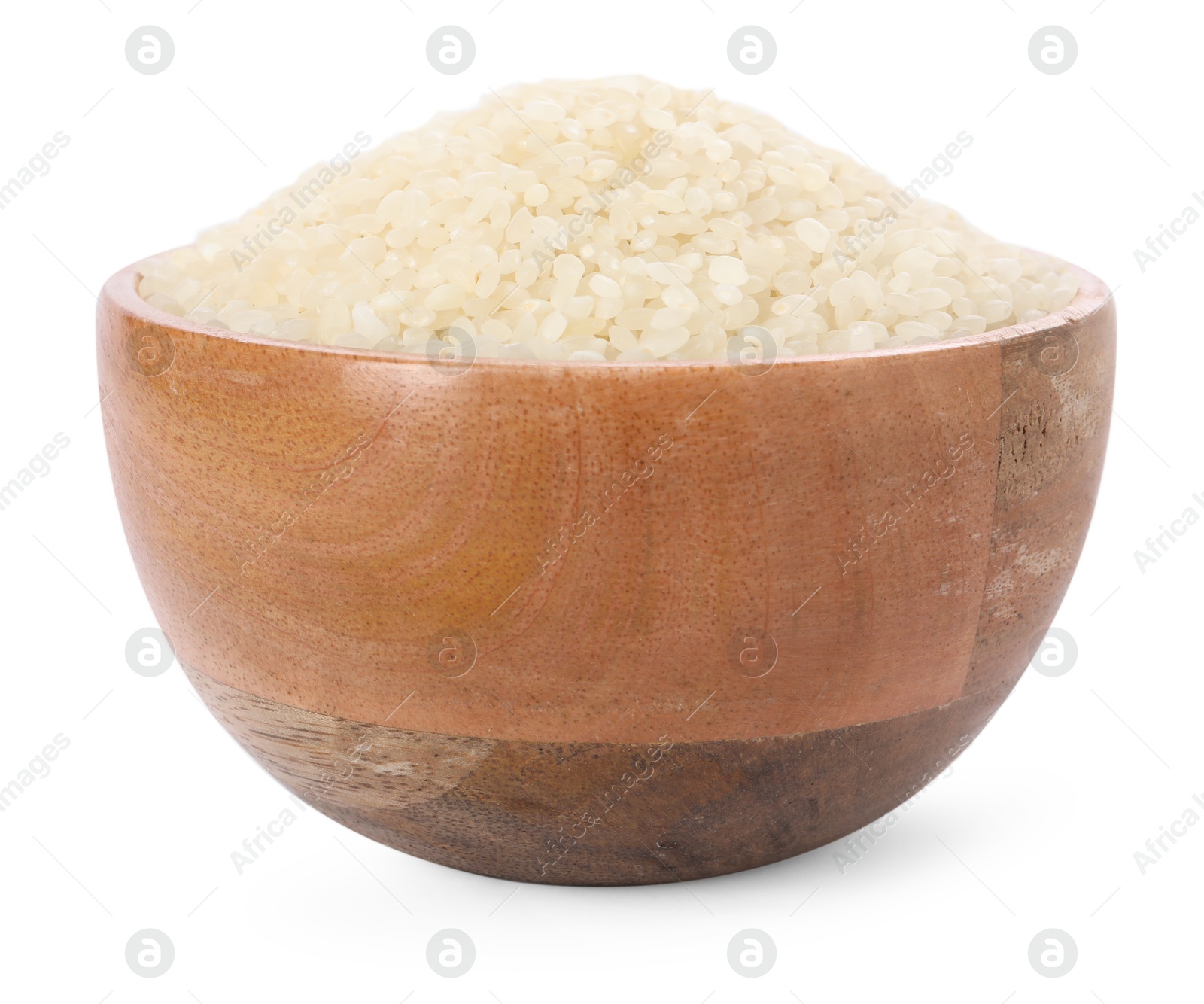 Photo of Raw rice in wooden bowl isolated on white