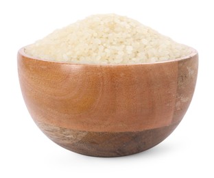 Raw rice in wooden bowl isolated on white