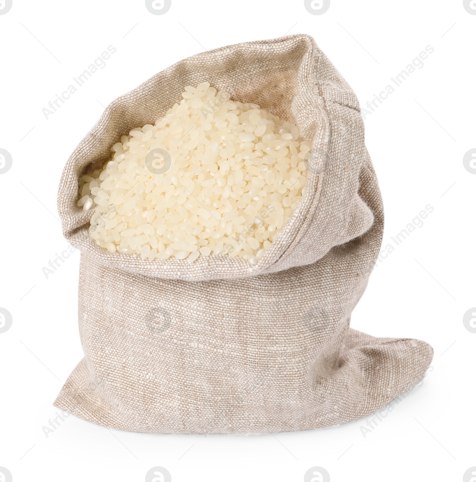 Photo of Raw rice in burlap sack isolated on white