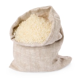 Raw rice in burlap sack isolated on white