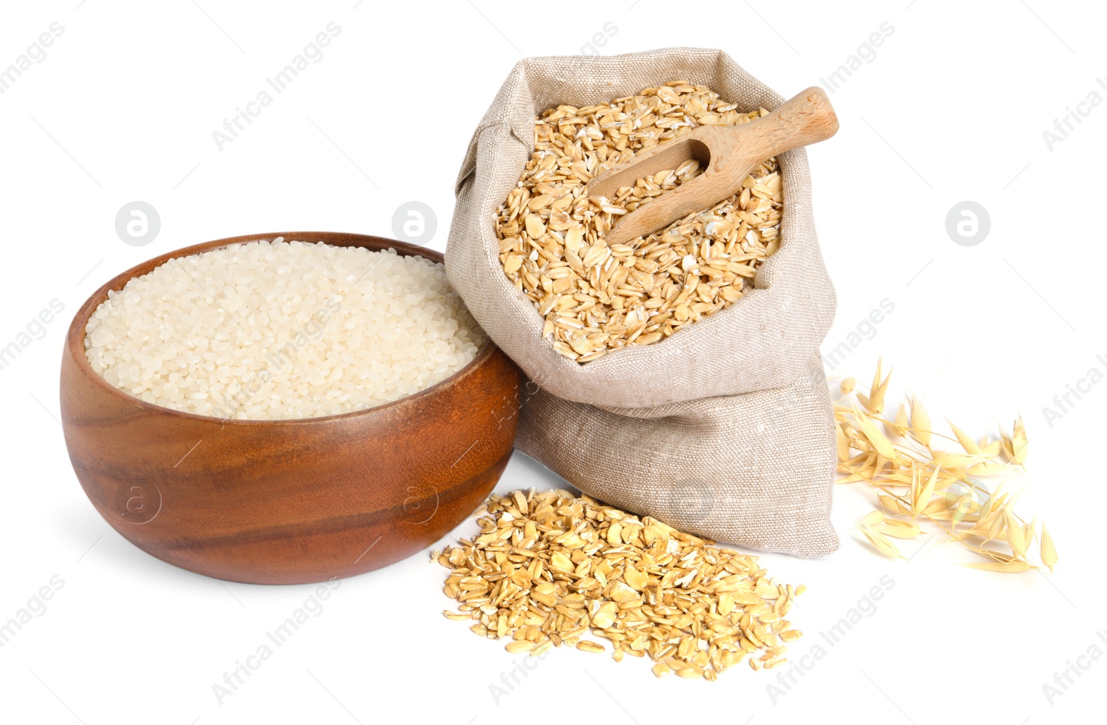 Photo of Different cereal grains and florets isolated on white