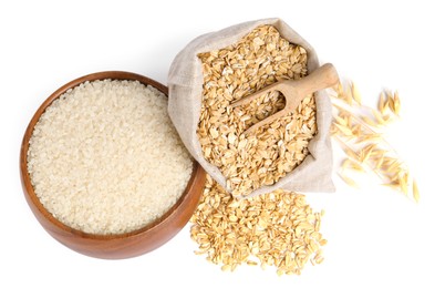 Photo of Different cereal grains and florets isolated on white, top view