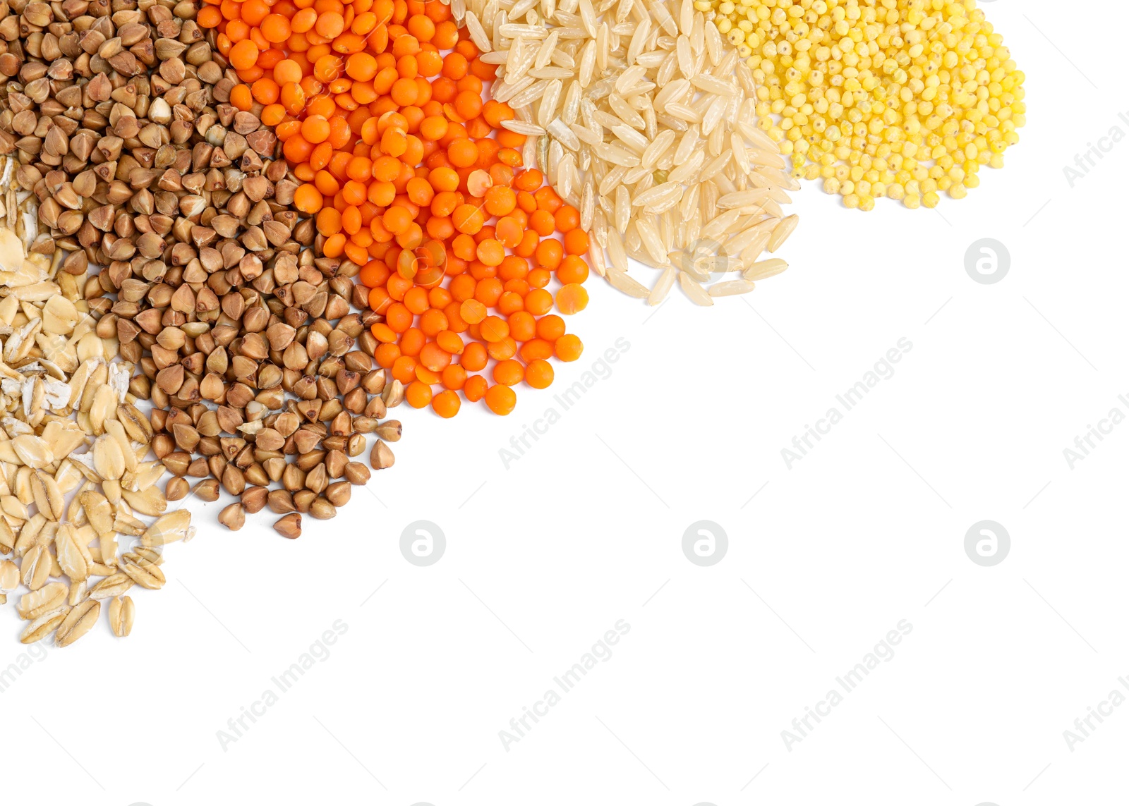 Photo of Different grains and cereals isolated on white, top view