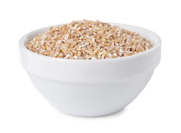 Photo of Dry wheat groats in bowl isolated on white