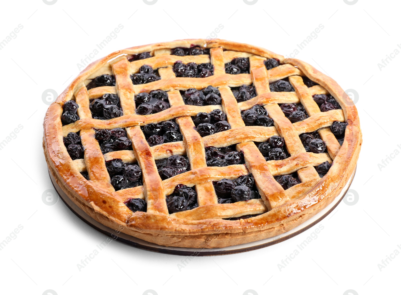 Photo of Tasty homemade pie with blueberries isolated on white