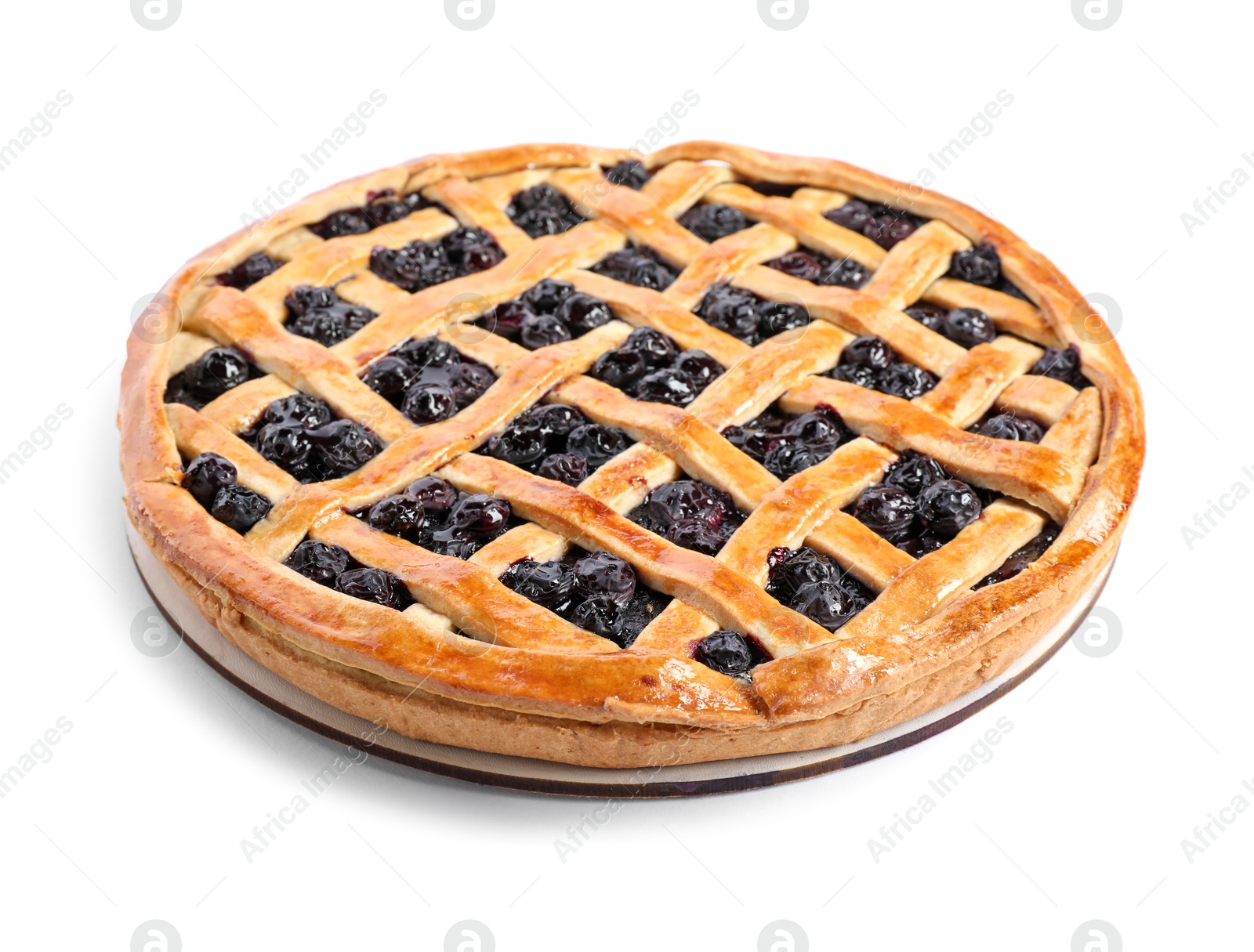 Photo of Tasty homemade pie with blueberries isolated on white