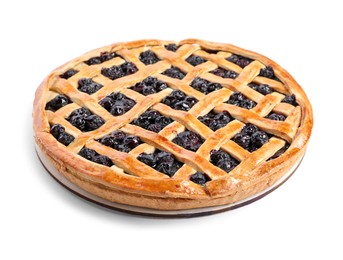 Photo of Tasty homemade pie with blueberries isolated on white