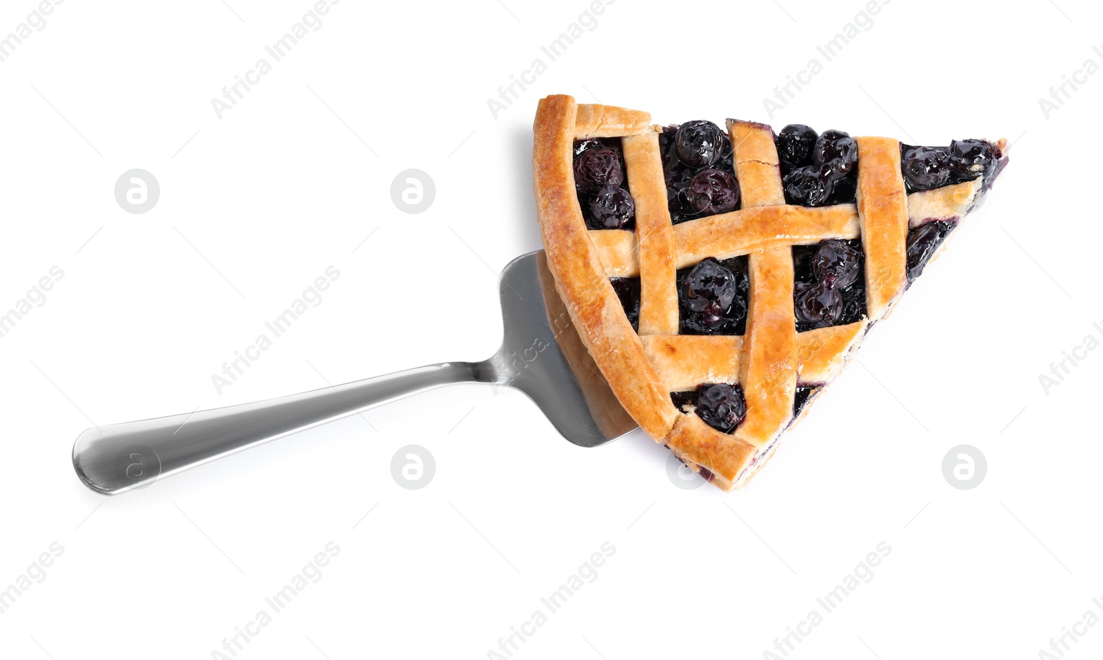 Photo of Piece of tasty homemade blueberry pie and server isolated on white, top view