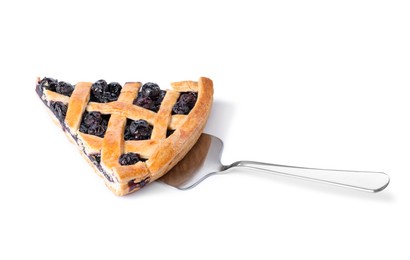 Photo of Piece of tasty homemade blueberry pie and server isolated on white