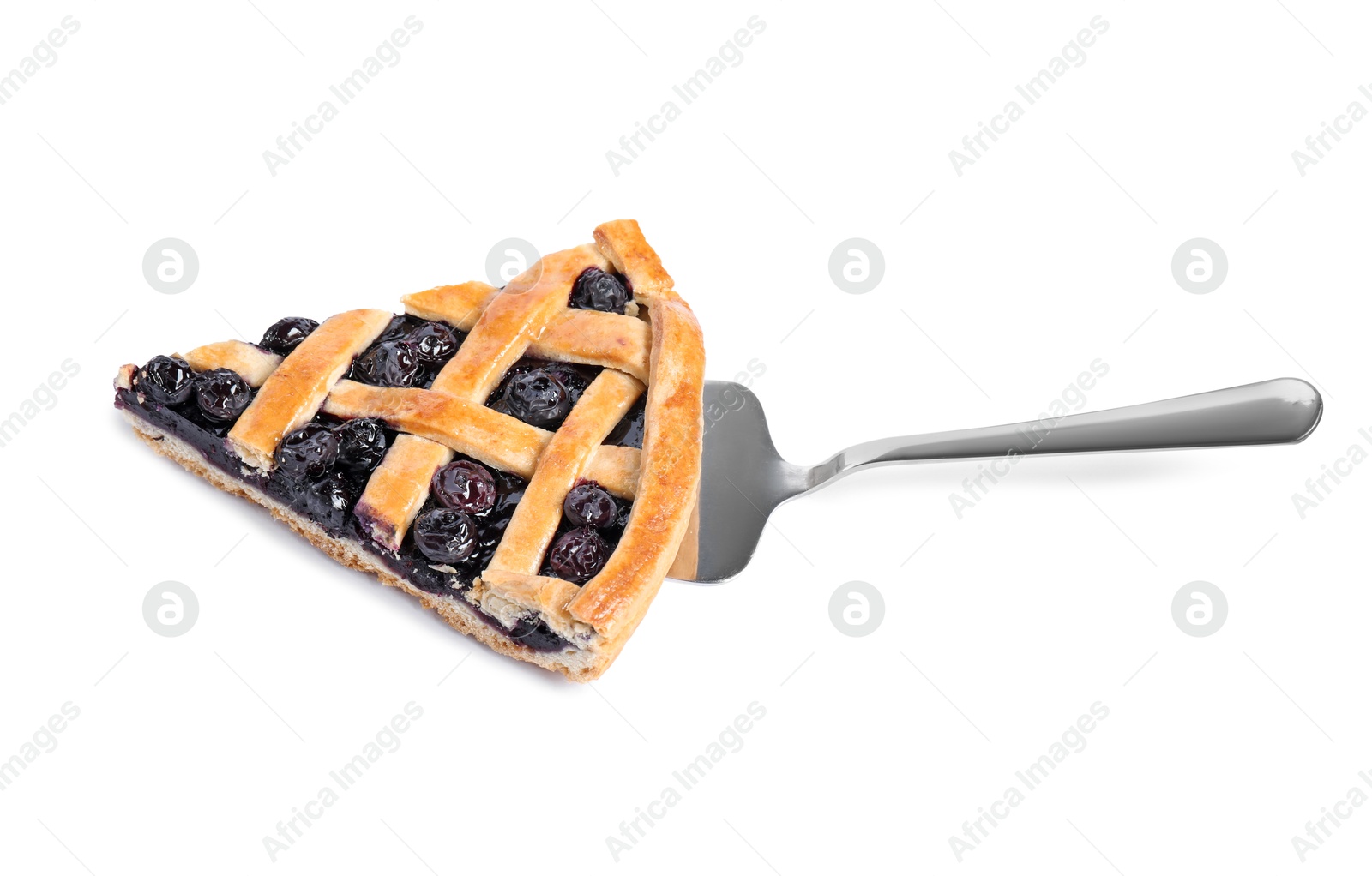 Photo of Piece of tasty homemade blueberry pie and server isolated on white